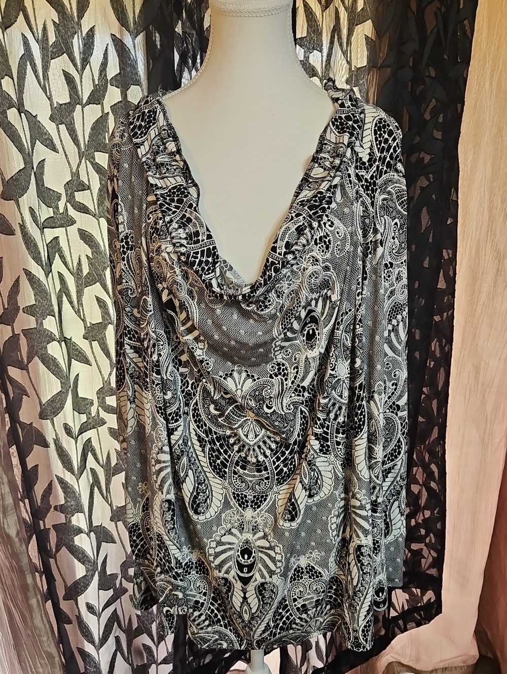 Worthington Black and White Paisley Cowl Neck Tunic